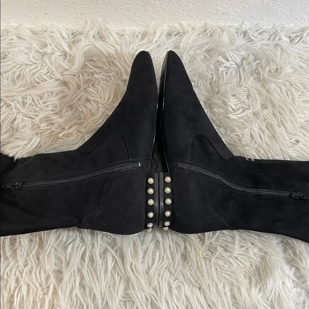IVANKA TRUMP Black Suede Knee High Boots With Pearls Heel Size 9